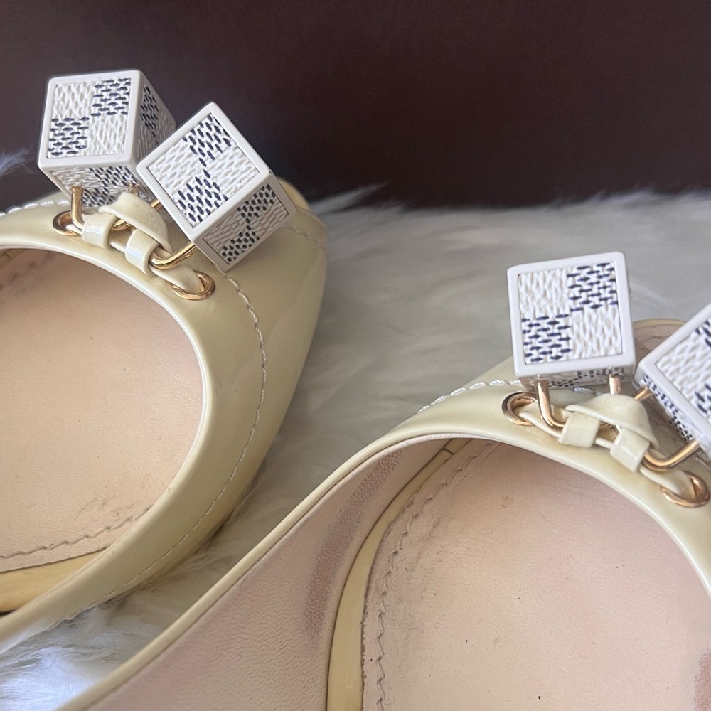Louis Vuitton Cream Patent Leather and Damier Azur Peep Toe Heel Shoes Size EU36 - Picture 10 of 12